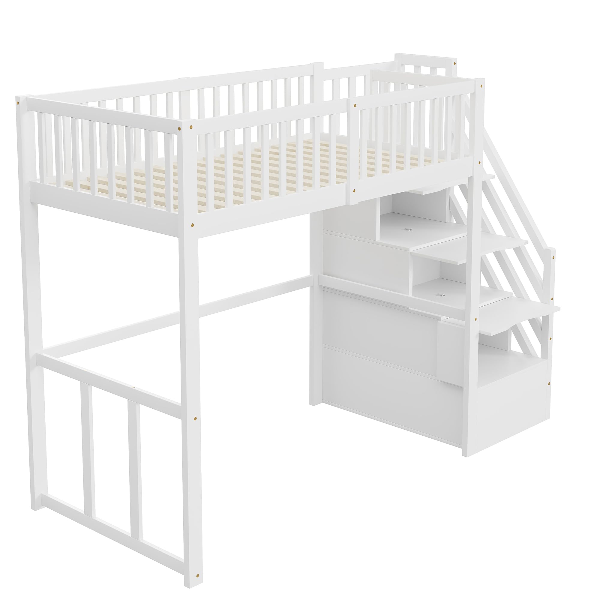 Moimhear Cama alta para niños, cama de madera, con armario grande, estantería y mesa, espacio de almacenamiento, escalera multiusos, estructura de cama de madera (blanco, 90 x 200 cm)