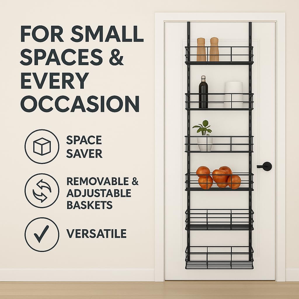 USTECH 6-Tier Heavy Duty Over The Door Pantry Organizer, Metal Hanging Storage Rack with Wired Tubing, Adjustable Shelves for Kitchen, Bathroom, Closet, Space-Saving Design, Black