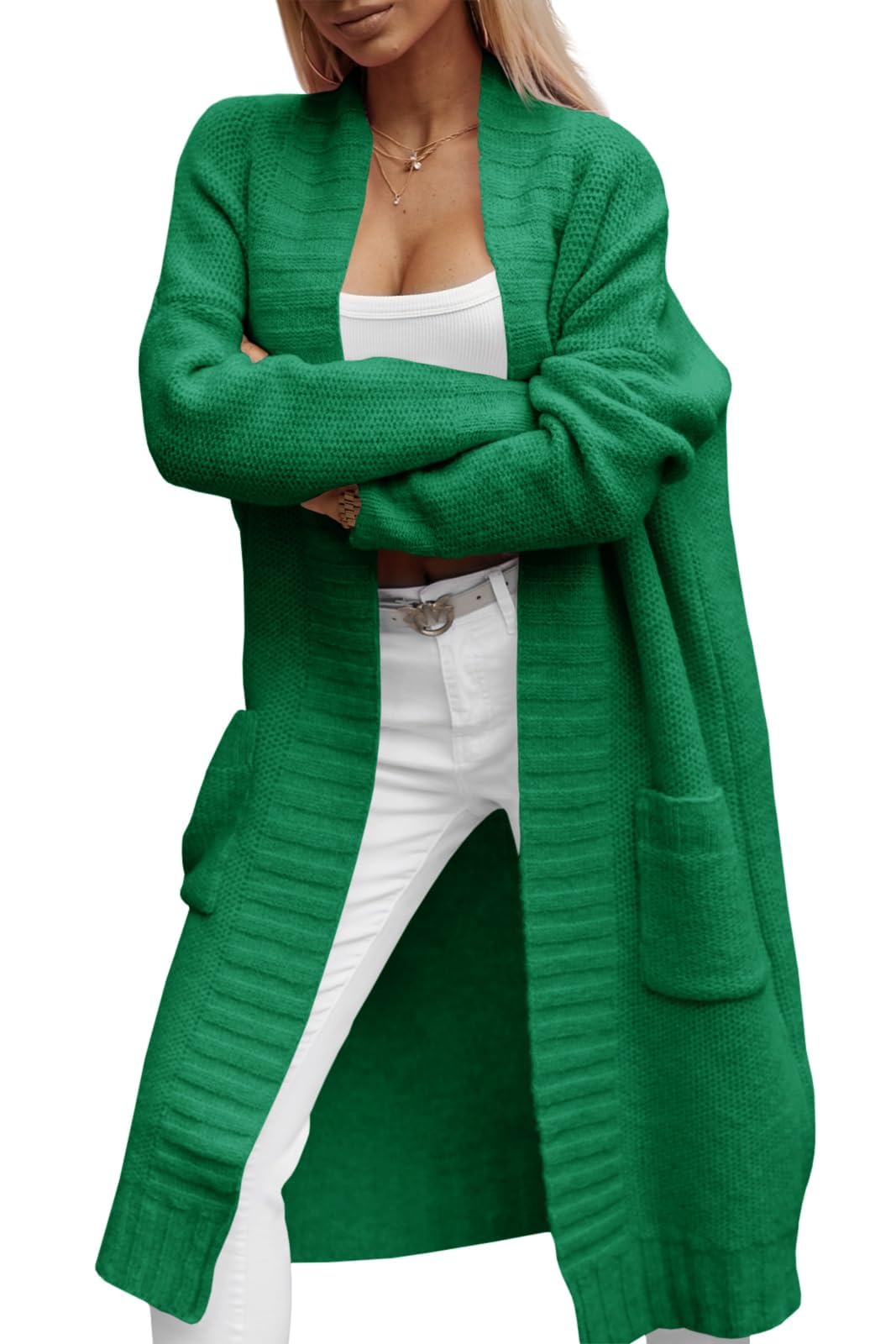 Imily Bela Damen Strickjacke mit Taschen Lang Grobstrick Cardigan Herbst Strickmantel Winter Open Front Pullover