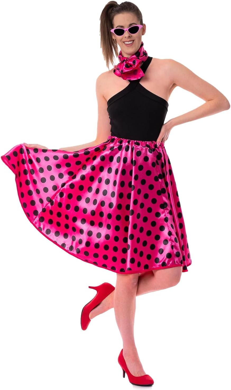 50s Satin Pink Polka Dot Rock'n'Roll Fancy Dress Skirt & Neck tie