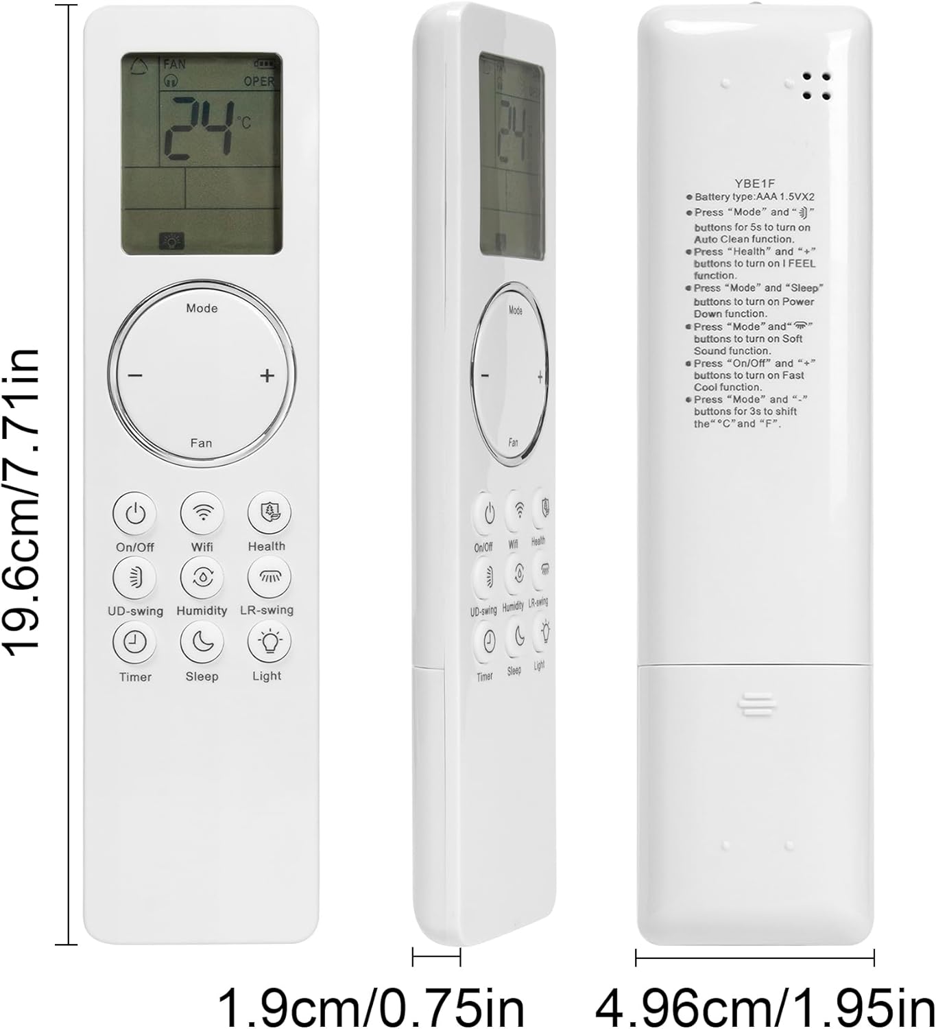 CHUNGHOP YBE1F remote control with dimensions labeled