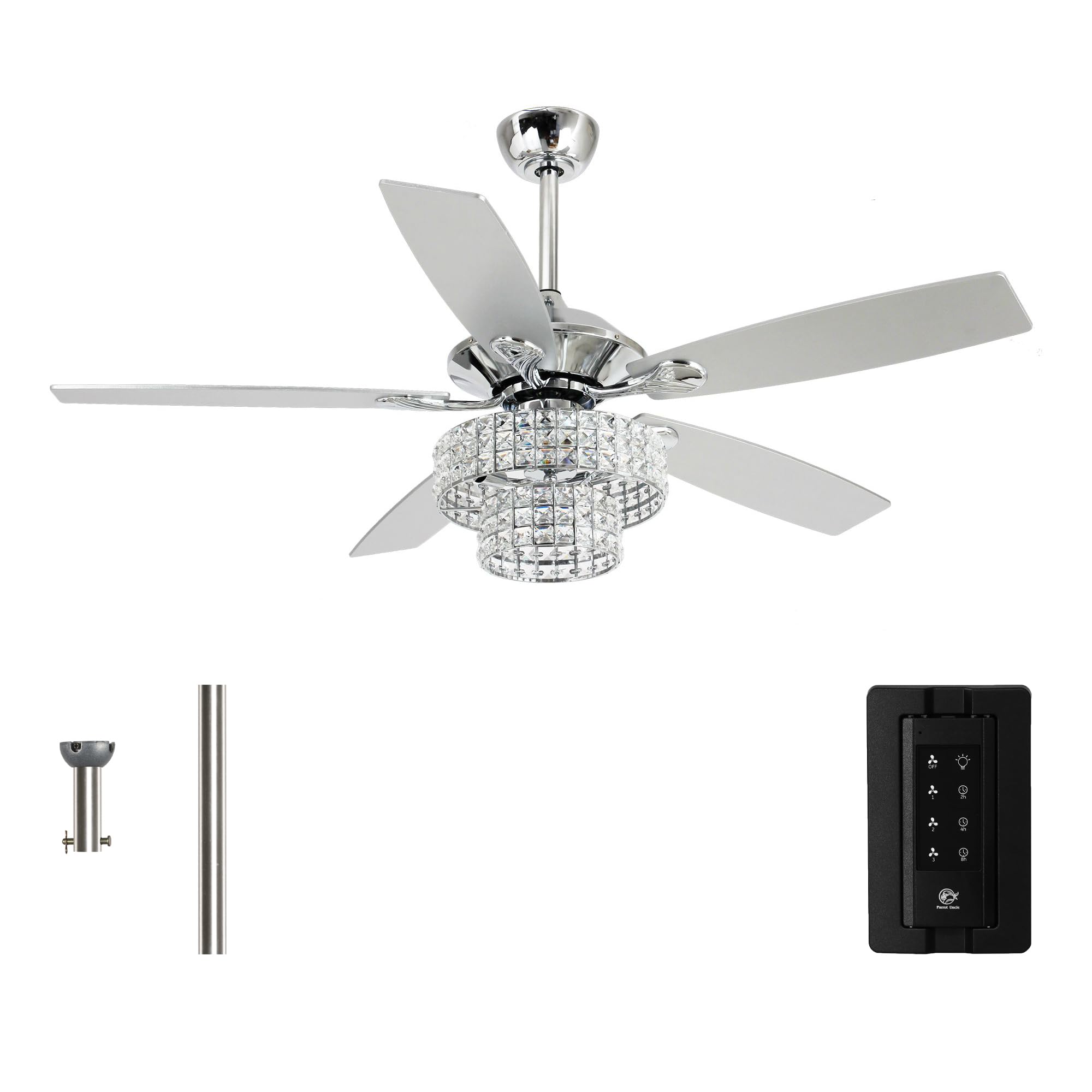 Parrot Uncle Ceiling Fans with Lights and Remote 52 Inch Bedroom Ceiling Fan with Light Crystal Chandelier Fans, Reversible Motor, Timer, Polished