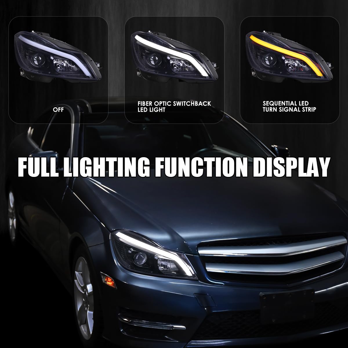 SPEC-D TUNING Black Smoke Switchback Sequential LED Tube Projector Headlights Compatible with 2012-2014 Mercedes-Benz W204 C-Class C250 C300 C350 C63, Left + Right Pair Headlamps Assembly
