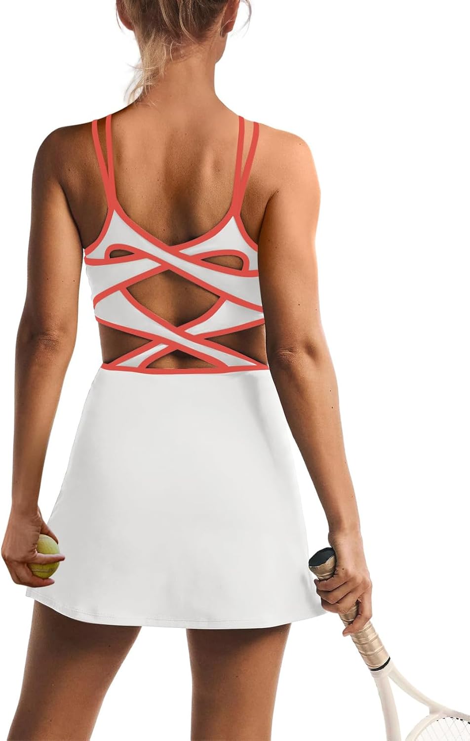 Womens tennis dress with built-in shorts, bra, trendy outfit.