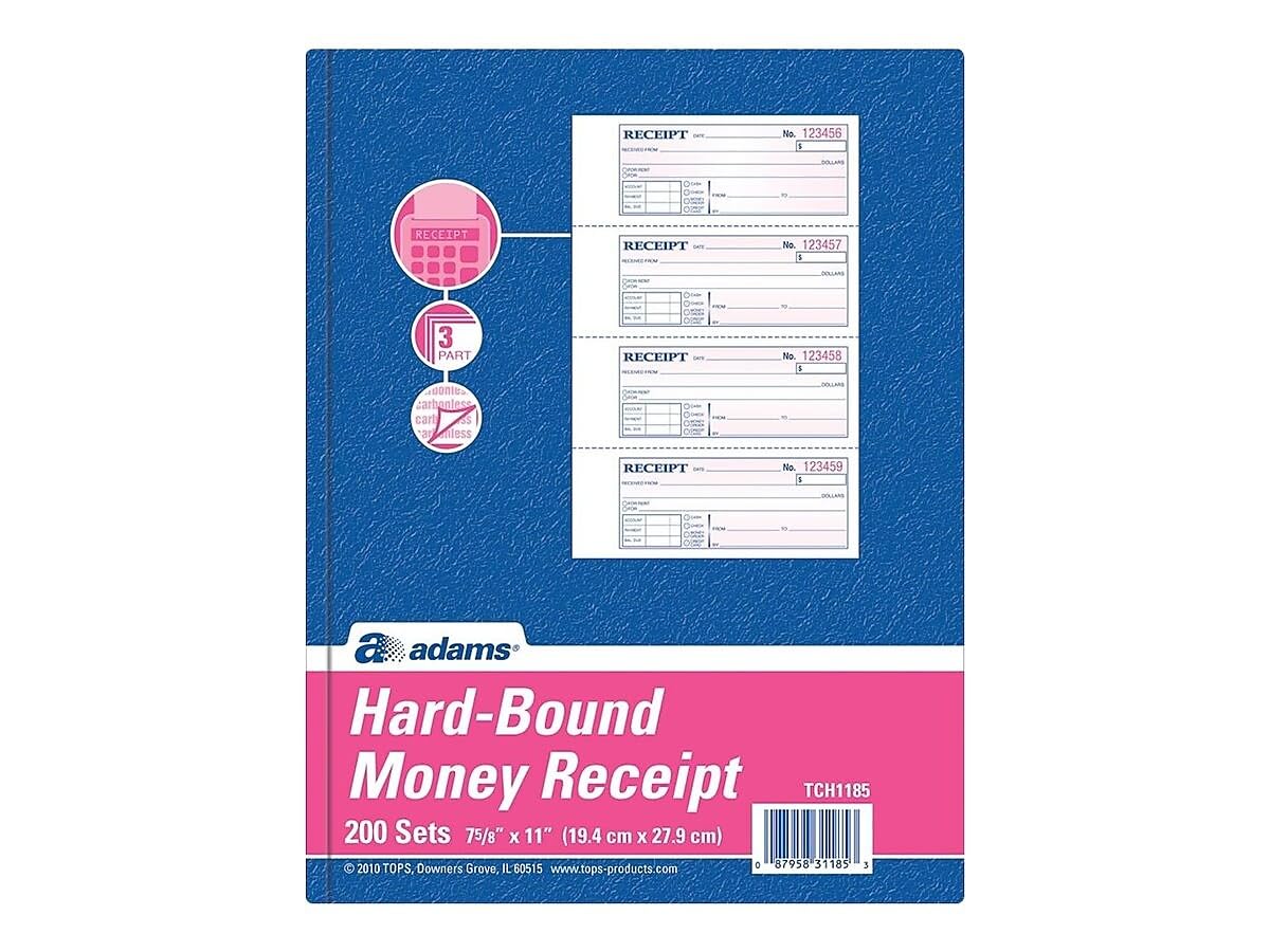 Adams TCH1185 Tops - Libro de recibos de 3 partes con tapa dura, 7 x 2 3/4, sin carbono, 200 juegos/libro