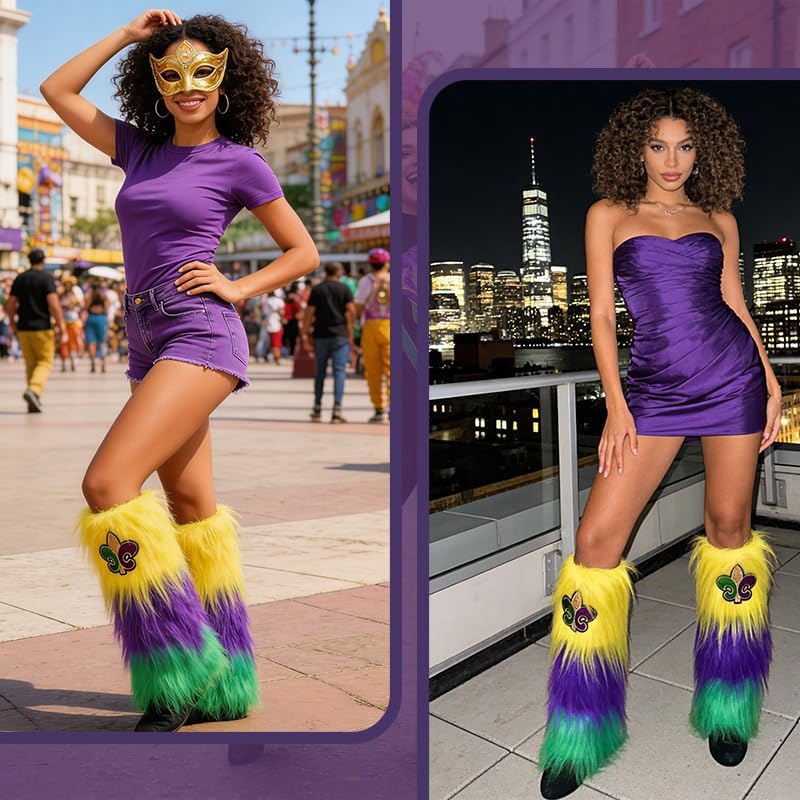 Fuzzy mardi gras Leg Warmers with Fleur De Lis, Purple Green Yellow Faux Fur Leg Covers, mardi gras Outfit for Women mardi gras Costume Accessories for Party Dress Up