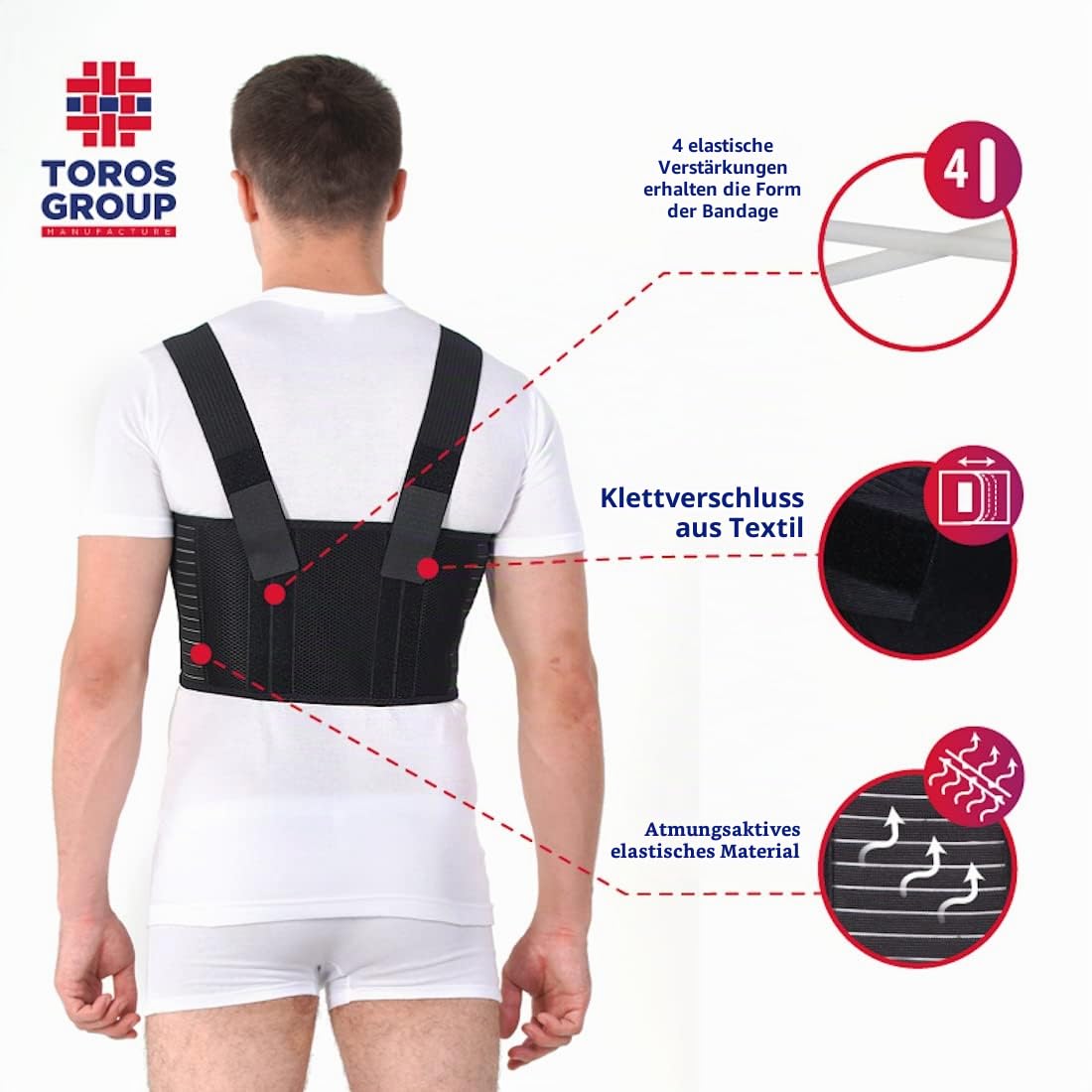 TOROS-GROUP – Brustgurt für Männer - Corset – Rippenbandage – Brust-Korsett mit Hosenträger für Postoperative Rippen- und Brustbeinverletzungen – S, Schwarz