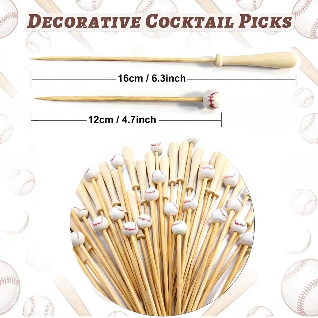 100pcs Baseball Bat&Ball Cocktail Picks Appetizer Skewers Sport Party Décor