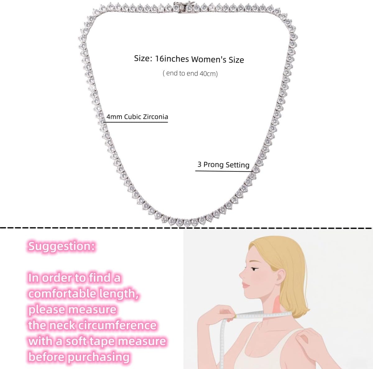 Tennis Necklaces for Women Men | 3 Prong 18K White/Yellow Gold Plated 4mm Round Cubic Zirconia Diamond Chains | Tennis Chain Necklace Size 16-18 inches