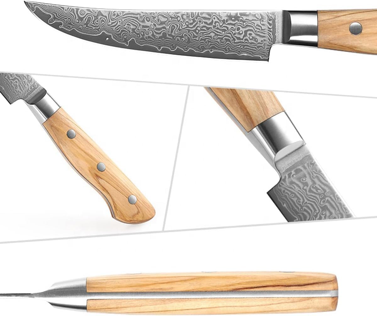 5 inch Steak Knives Set of 4,Professionally Forged High Carbon Steel Steak Knife Damascus Steak Knife,Kitchen Table Knife with Olive Wood Handle