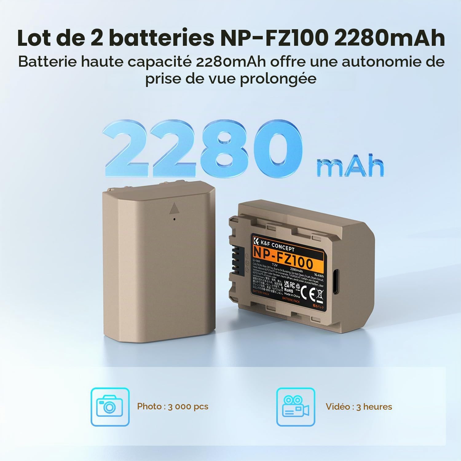 K&F CONCEPT NP-FZ100 Batterie d'appareil Photo avec Connecteur de Charge Directe de Type C Compatible avec Les Appareils Photo Sony A9 A7III A7RIII A7RIV A6600 ZV-E1 FX3, FX30 (2 Batteries)