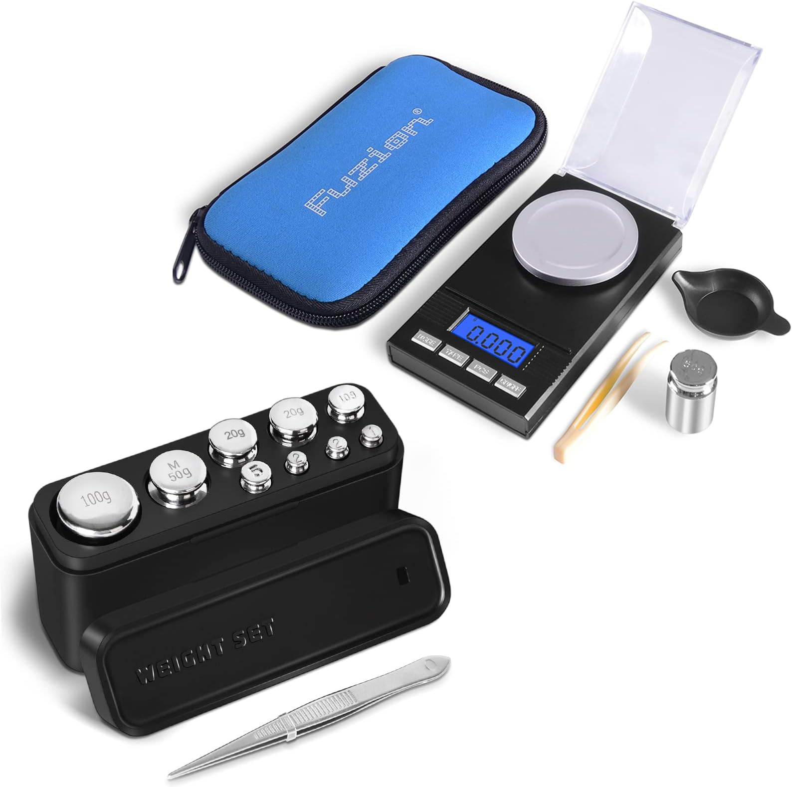 FuzionDigital Milligram Scale 50g/ 0.001g, Portable Jewelry Scale with LCD Backlit, Tare, Powder Scale, Micro Scale + Stainless Steel Calibration Weight Kit 1g 2g 5g 10g 20g 50g 100g