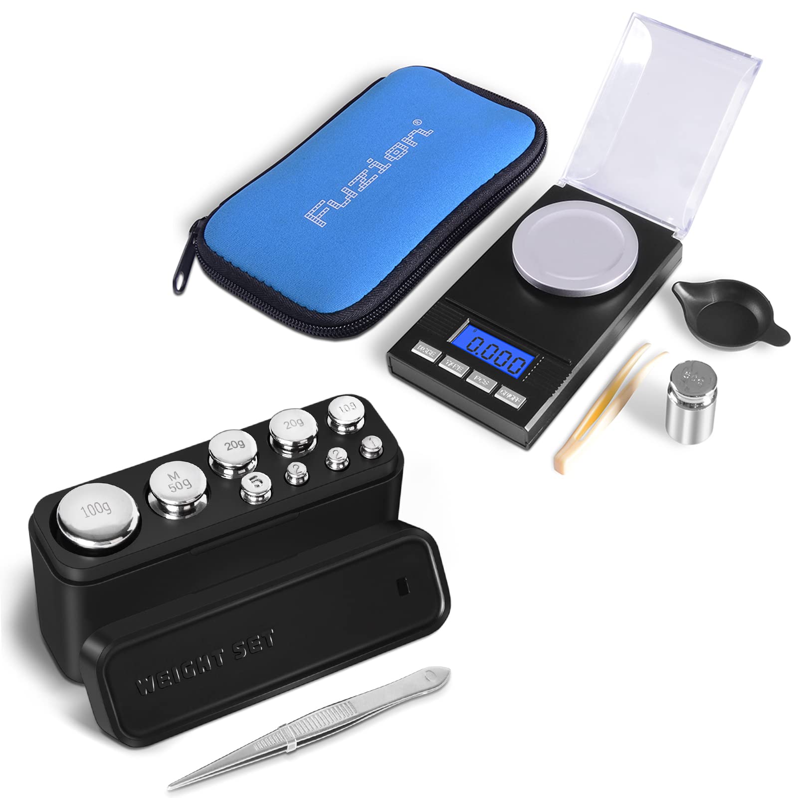 FuzionDigital Milligram Scale 50g/ 0.001g, Portable Jewelry Scale with LCD Backlit, Tare, Powder Scale, Micro Scale + Stainless Steel Calibration Weight Kit 1g 2g 5g 10g 20g 50g 100g