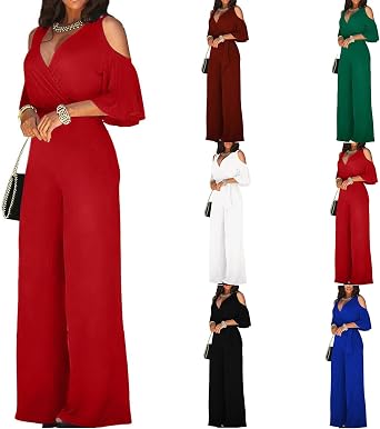 Jumpsuit for Women Dressy Wedding Guest Elegant V Neck Wide Leg Long Pants Summer Casual Bow Tie Plus Size Romper