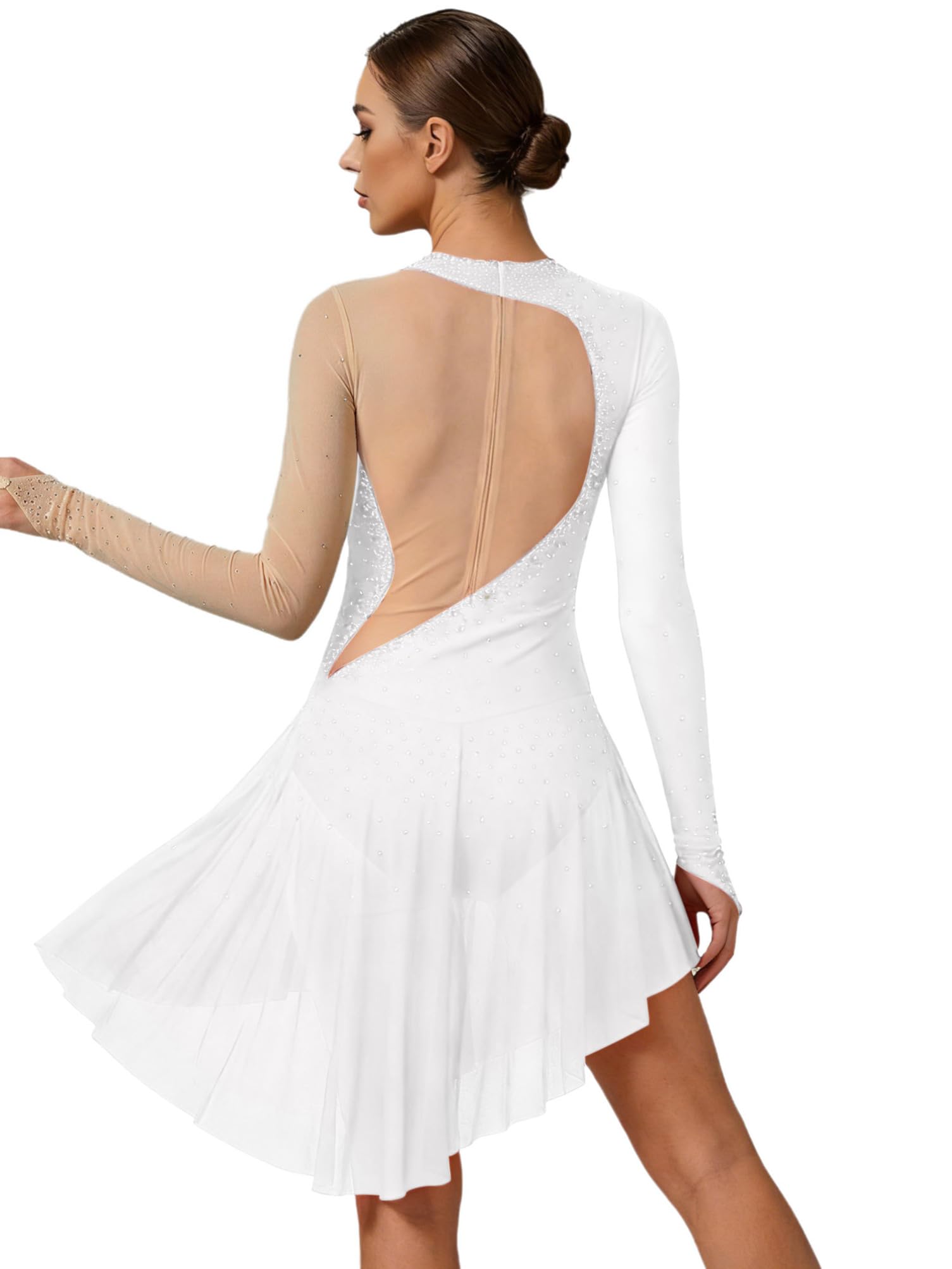 Aislor Femme Patineuse Tenue Robe Compétition Patinage Artistique sur Glace Strass Manche Longue Danseuse Robe Courte Danse Latin Moderne Performance