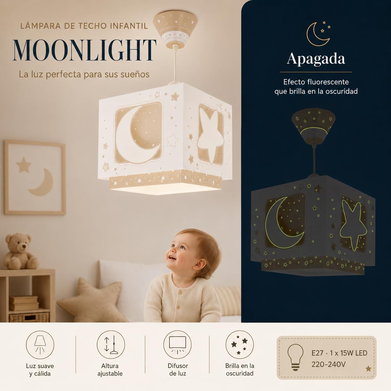 Dalber Lámpara Techo Colgante Infantil Luna y Estrellas Beige 63232MB E27 | Incluye difusor de luz inferior extraible; Habitación niños; lámparas infantiles; Moonlight