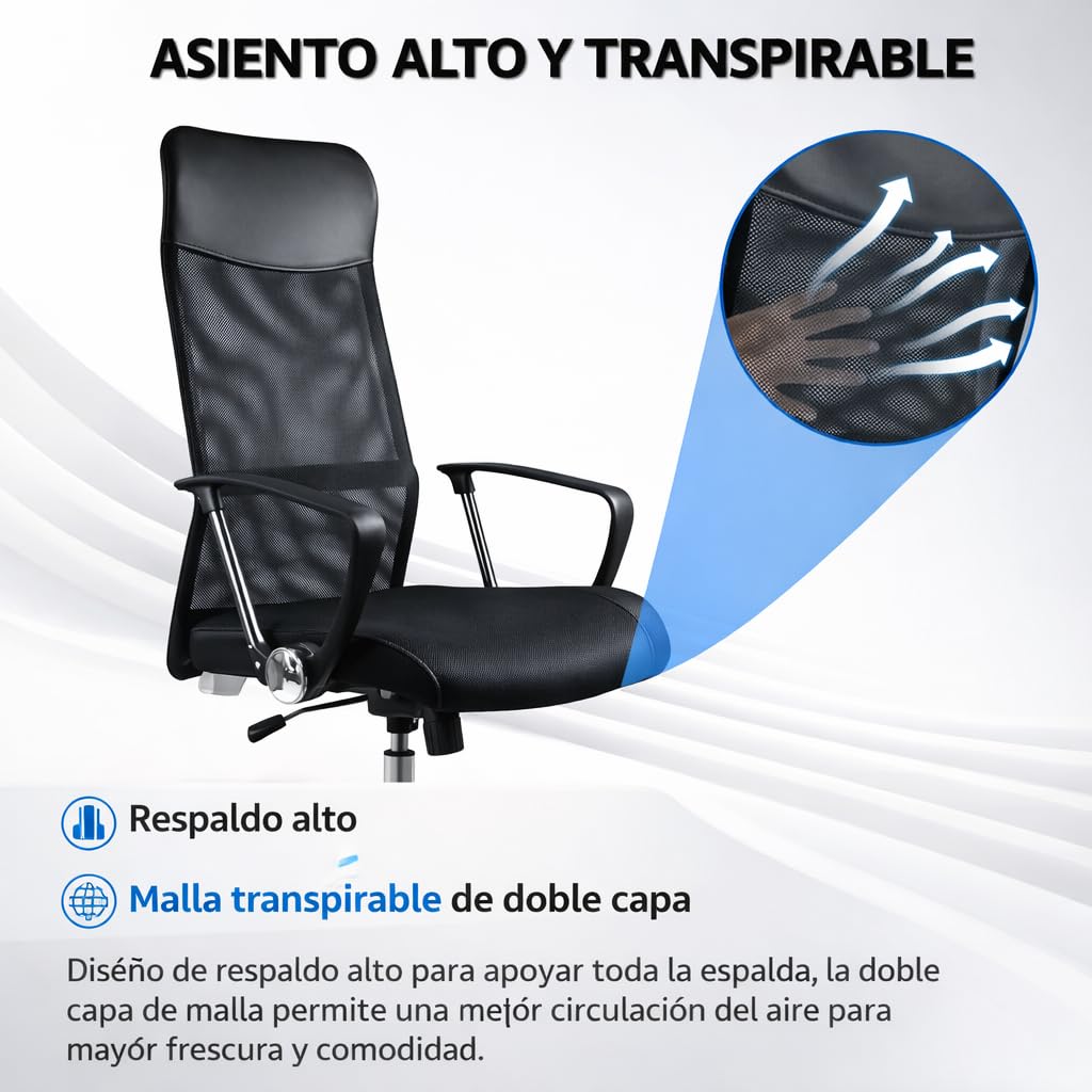 T-LOVENDO.ES Silla de Oficina ergonómica para Escritorio u Oficina. Respaldo Alto de Malla Transpirable y Piel sintética. Giratoria y con Ruedas. Diseño Bonito y Elegante. hasta 150kg.