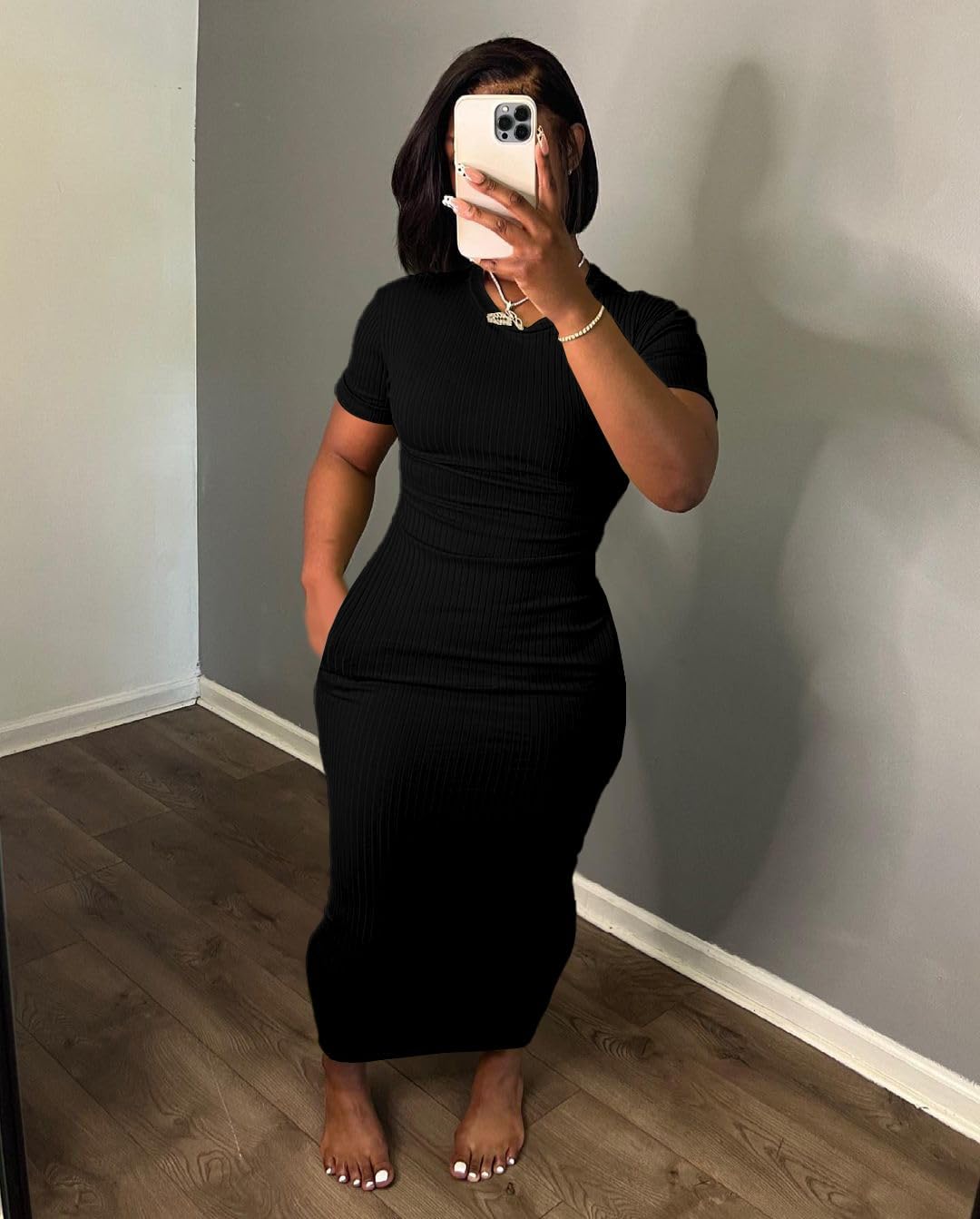 Women's Casual Short Sleeve Dress T Shirt Bodycon Dresses Ribbed V Neck Maxi Sundress Basic Party Club Dress-Black-S - Image 2