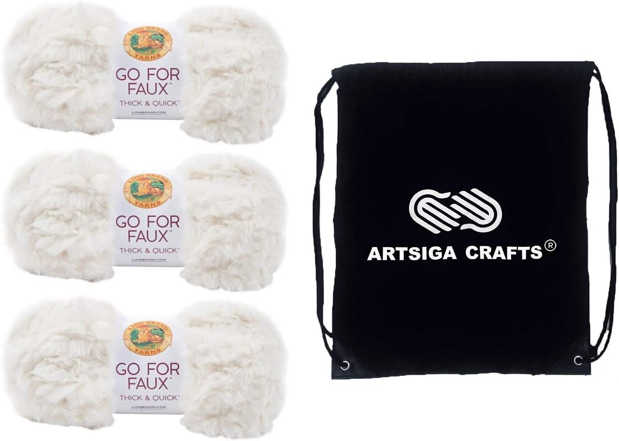 Lion Brand Go for Faux Thick & Quick Chinchilla 323-204 (3-Skeins - Same Dye Lot) Jumbo #7 Polyester Yarn for Crocheting and Knitting with Project Bag