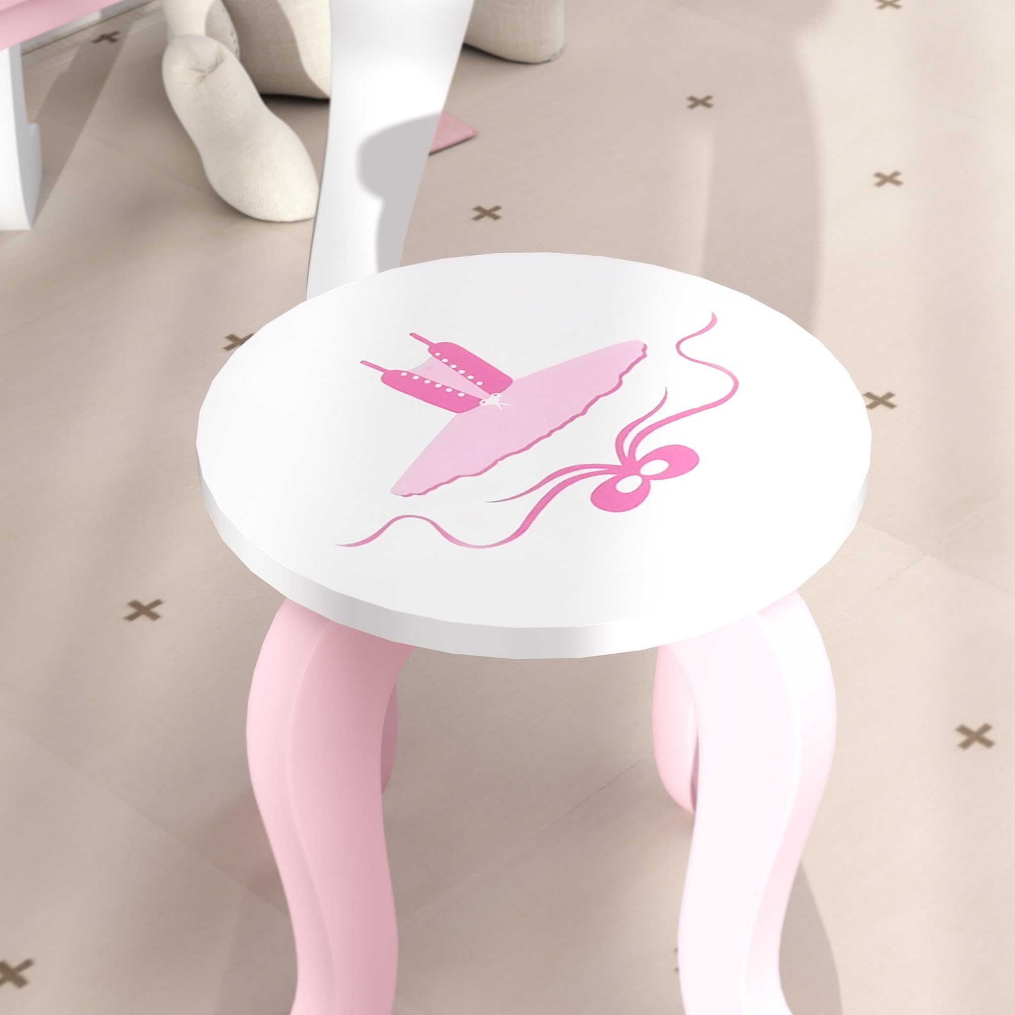 AIYAPLAY, set tavolo da toeletta per bambini, tavolo da toeletta a due pezzi con sgabello, specchio, cassetto, spazio di archiviazione sul desktop, tema del balletto, tavolo da trucco per ragazze