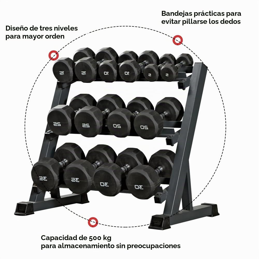 Zlinke Soporte para mancuernas con 3 estantes, organizador de almacenamiento de peso multinivel, 45 x 96 x 86 cm, para gimnasio en casa, peso para mancuernas, pesas rusas de 500 kg