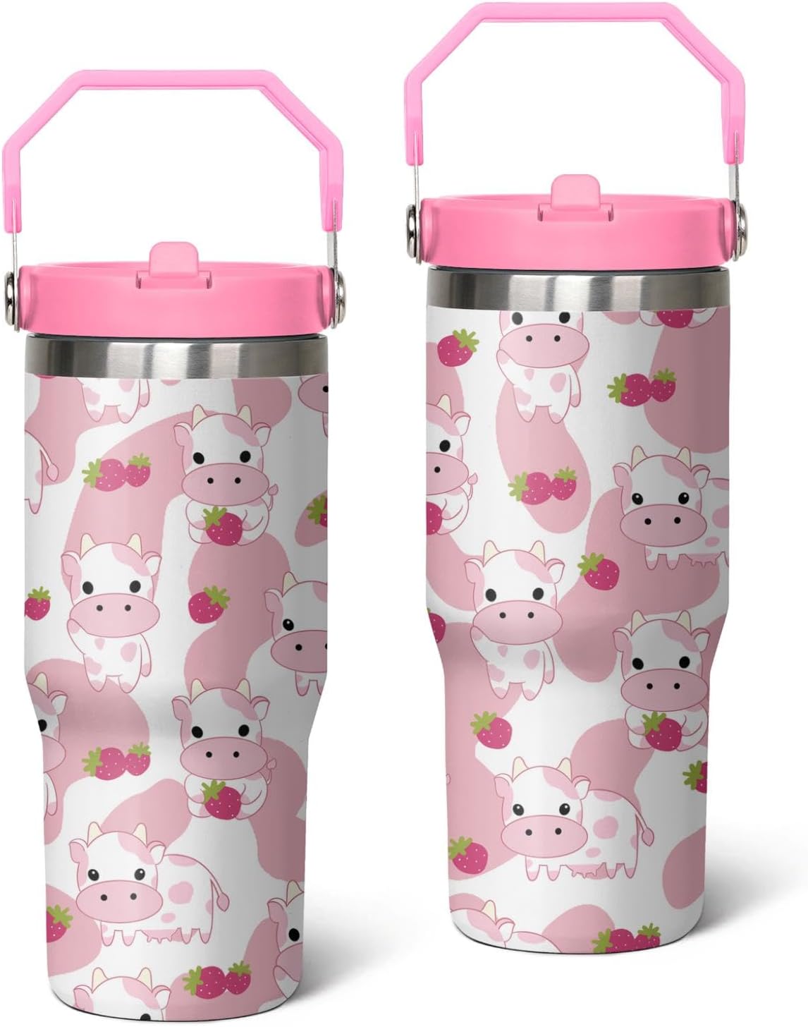 Queen Hero 30 oz Pink Cow Tumbler with Handle, Large Insulated Tumbler with Flip & Straw Coffee Mug Cup Stainless Steel Gifts for Women Men Youth