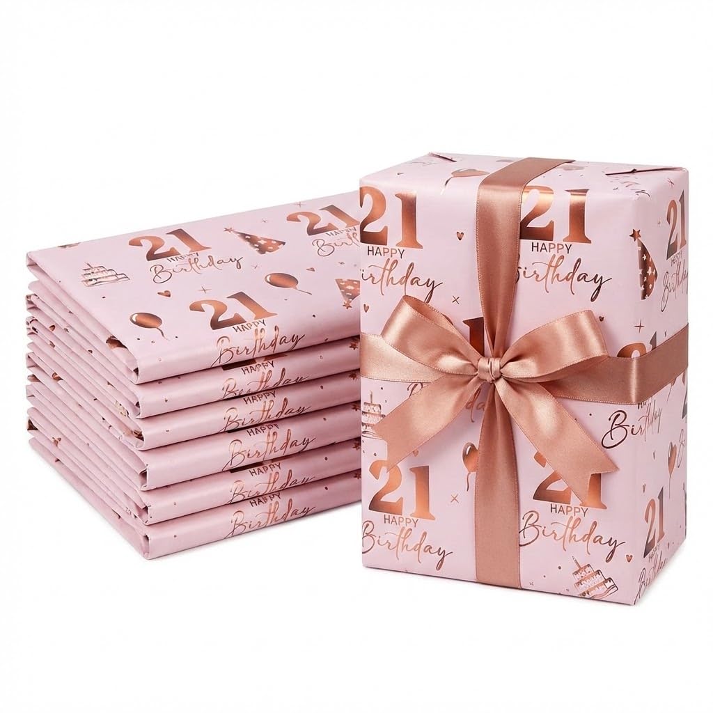 Rose Gold 21st Gift Wrapping Paper Sheets,6 Sheets 70x50cm Large 21st Birthday Paper Pink Friendly Gift Wrap Perfect for Wrapping Present or Flower for Girls Woman