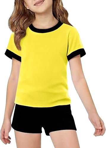 ZDC Girls Athletic Shirts Kids Summer Short Sleeve Workout T Shirt Quick Dry Tops Color Block Gym Yoga Tee Yellow