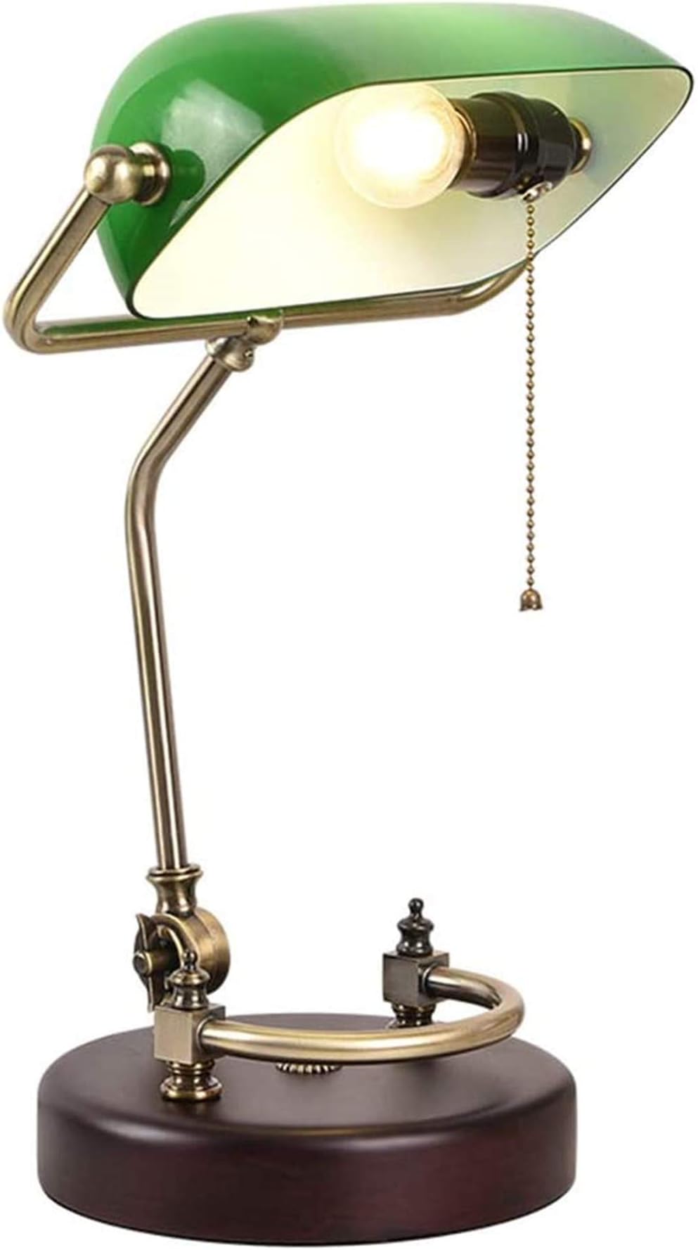Desk Lamp Study Office Retro Classic Lighting Bedroom Bedside Reading Lamp Green Thick Glass Shade Solid Wood Birch Base Adjustable Lamp Pole Bankers Table Lamp E27 with Pull Line Switch