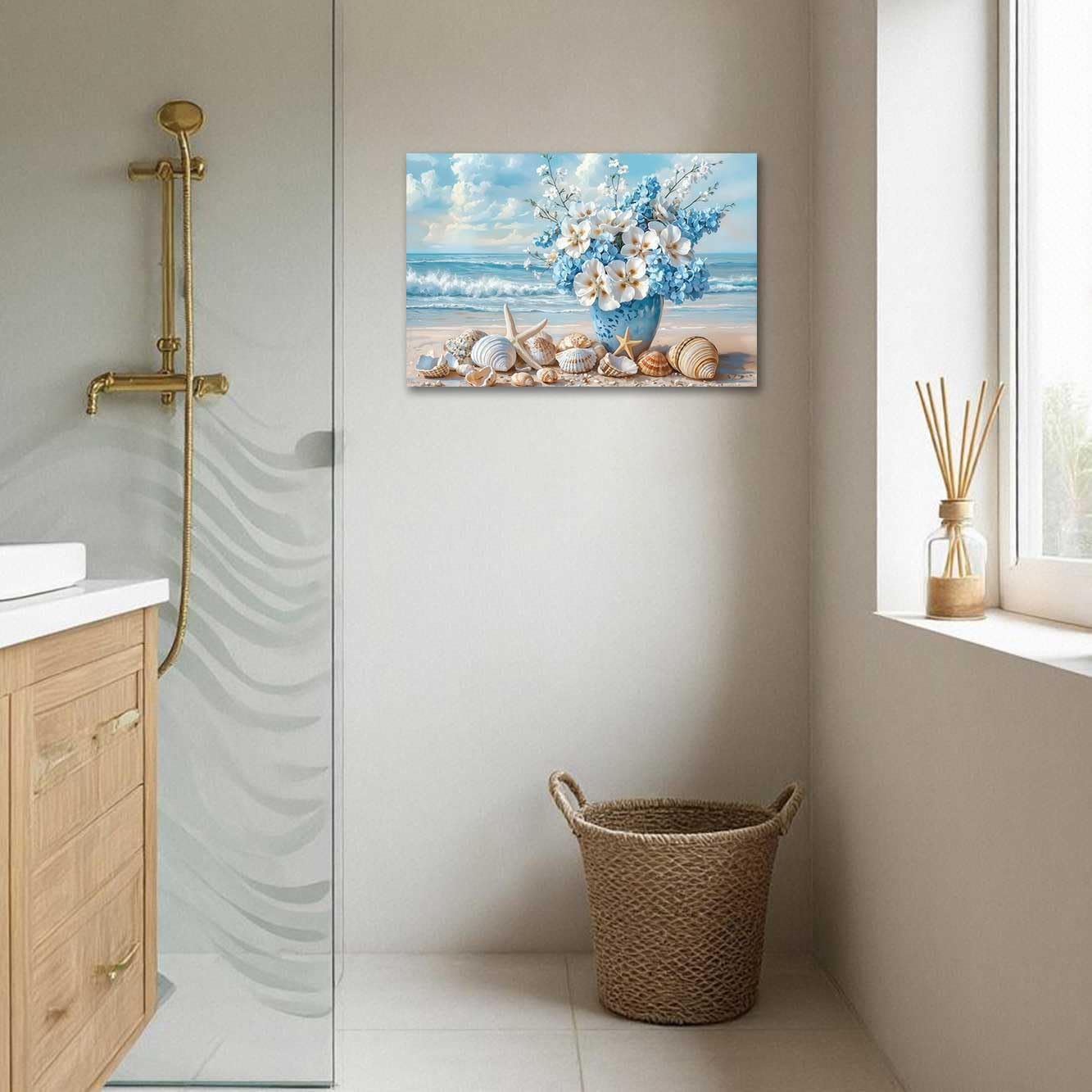 ZSHDEYMTOP Beach Canvas Wall Art Bathroom Wall Decor Hydrangea In Vase Pictures Coastal Beach Shells Painting Print White Flower Still Life Poster Bedroom Decor (White, (12L x 18W))