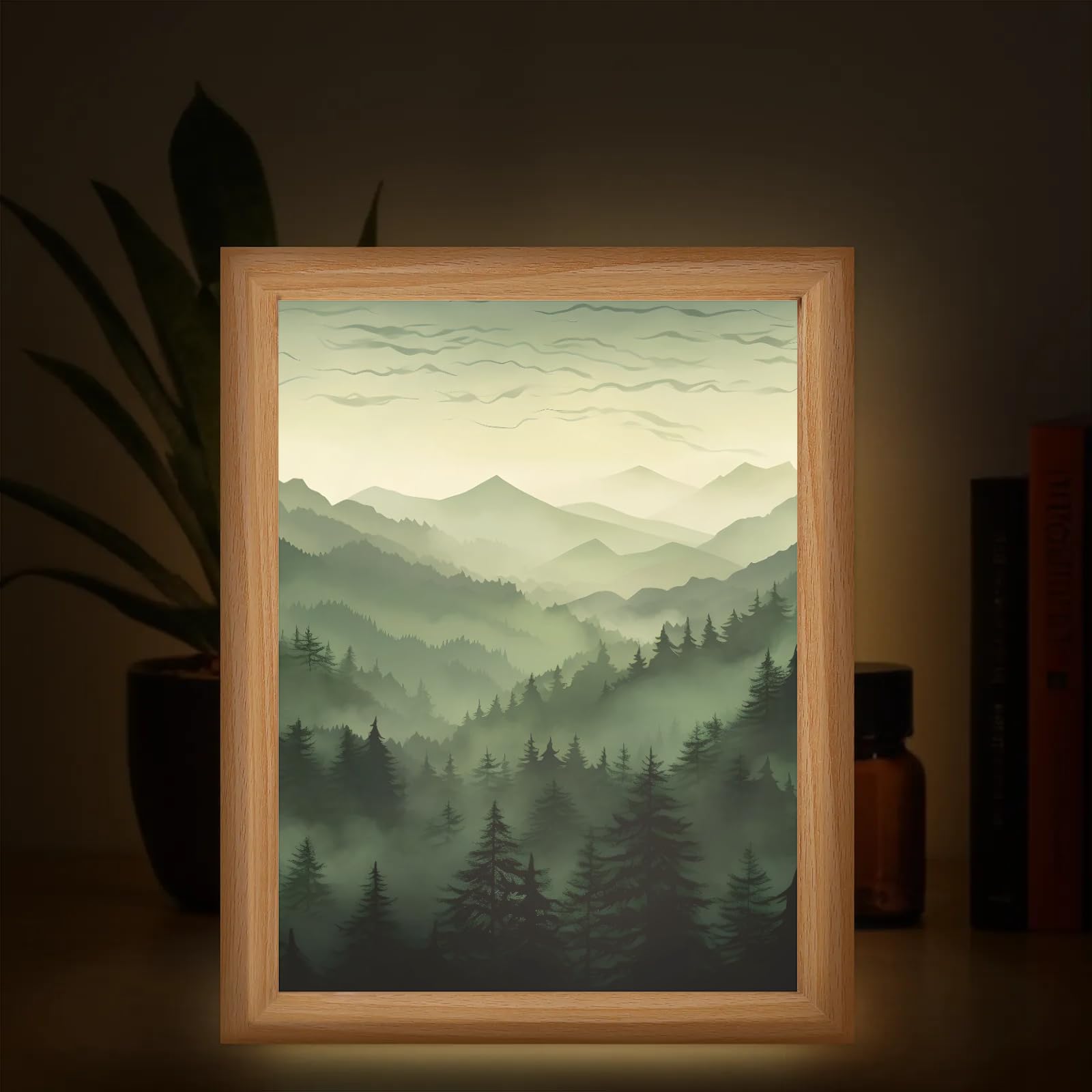 Light Up Painting, Watercolor Forest Wall Art Picture Light Modern Forest Light Up Art Frame, 10 Brightness USB Powered 3 Lighting Modes, Anxiety Relief Gift for Bedroom Home-Without Acrylic Panel