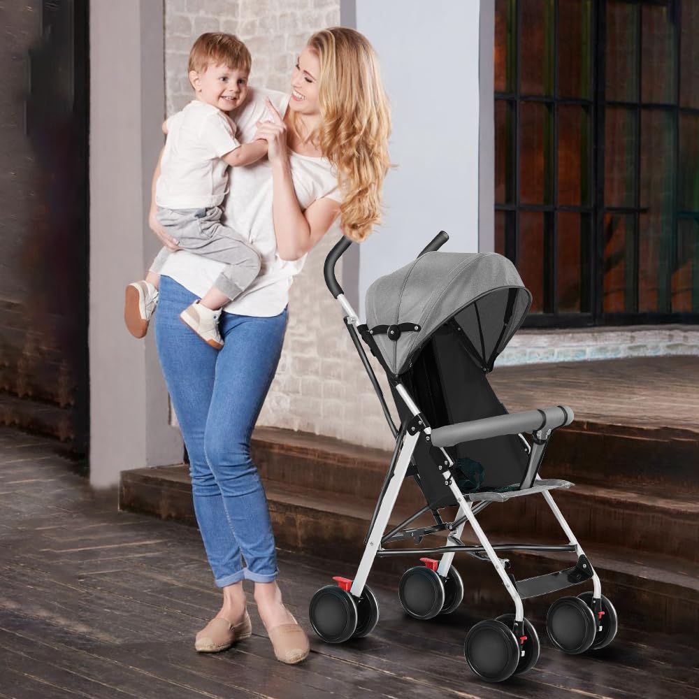 Leichter Kinderwagen, bis zu 30 kg, großer Korb, schnelles Klappsystem, geräumiger Sitz, doppelte Bremse und schwenkbare Vorderräder (grau)