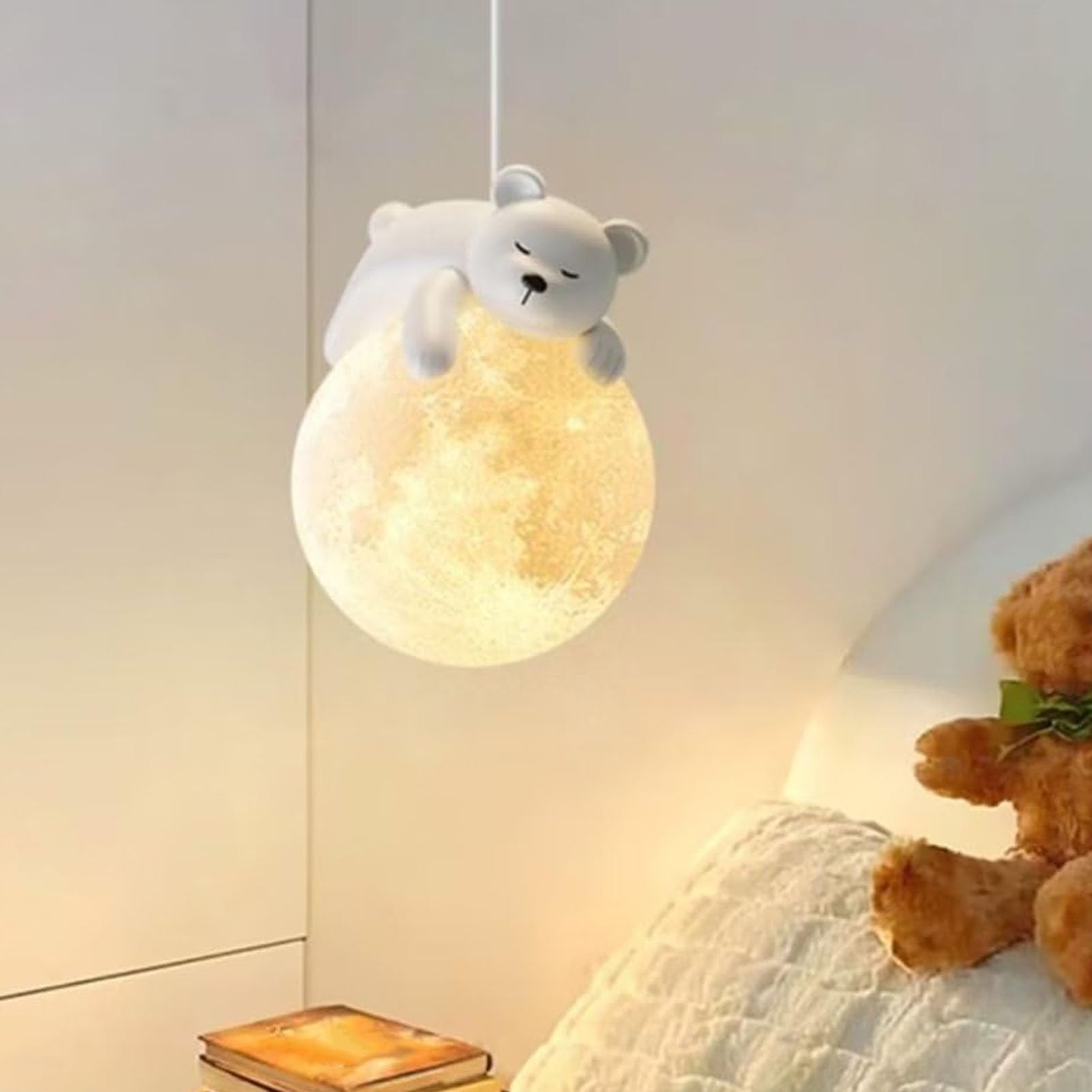 Naroote Mond-Pendelleuchte, 3D-Gedruckter Mond-Lampenschirm, Deckenleuchte mit Schlafendem Bären-Design, Stilvolle Hängelampe für Das Schlafzimmer, überraschung für Café, Hotel