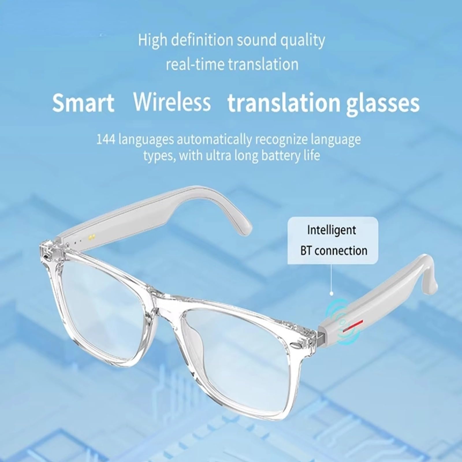 UMEINAC TECH Smart Glasses for Men with AI Real-Time Translation 100+ Languages - Bluetooth 5.3 HD Audio Glasses, Built-in Mic & 40H Playtime for Travel/Meetings (Auto-Language Recognition)(Bluelight