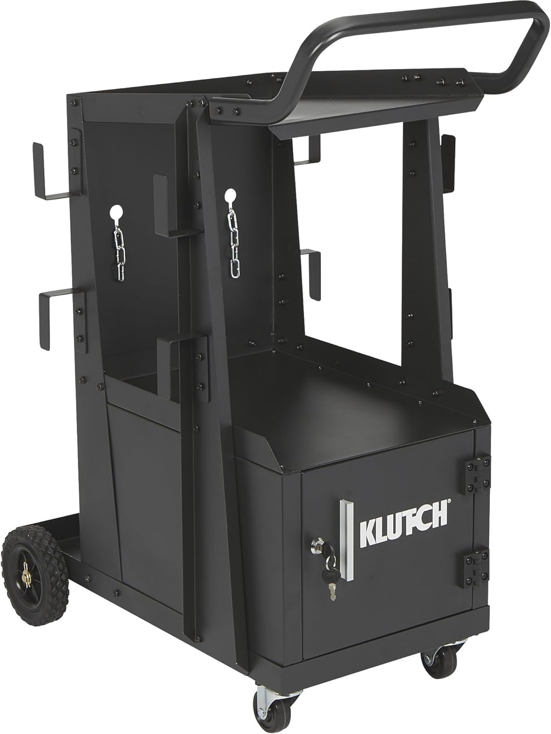Klutch 2-Tier Welding Cart with Locking Cabinet, 31 in. L x 19 in. W x 38-1/4 in. H, 100 Lb Capacity, Gas Cylinder Rack, Cable Wraps, Swivel Casters, for MIG, TIG, Stick and Plasma Cutter