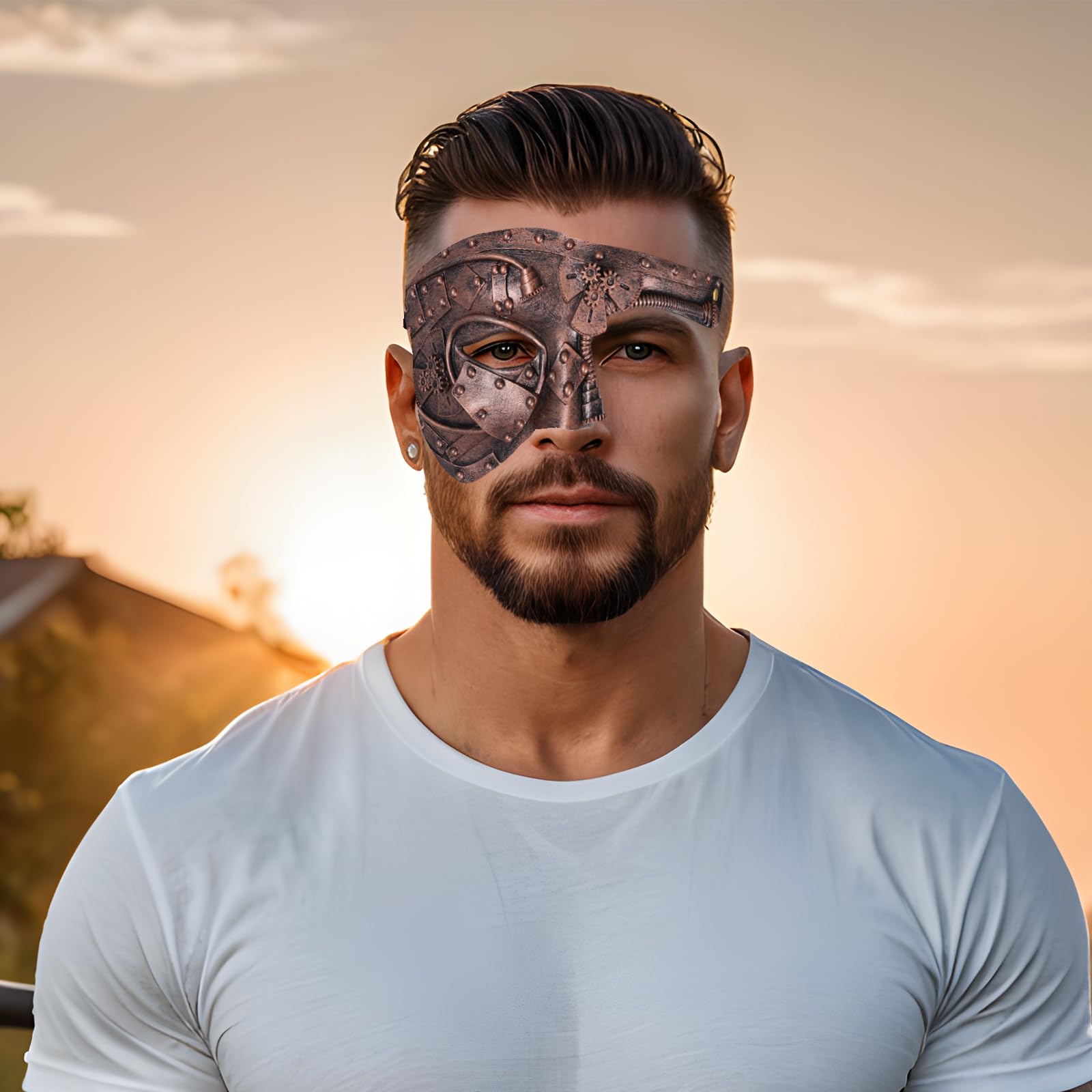 Cupimatch Masquerade Masks for Men: Halloween Lattice Steampunk Metal Robot Mask Masquerade Venetian Vintage Masks (bronze) - Image 2