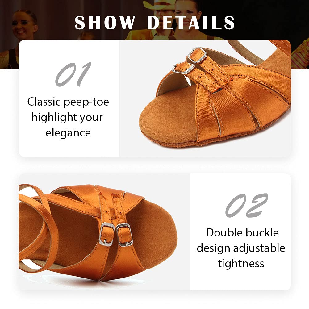 RUYBOZRY Girls Latin Dance Shoe Satin Salsa Ballroom Low Heel Practice Dancing Shoes,Model WLLD28-Brown-3.5,US 13 Little Kid