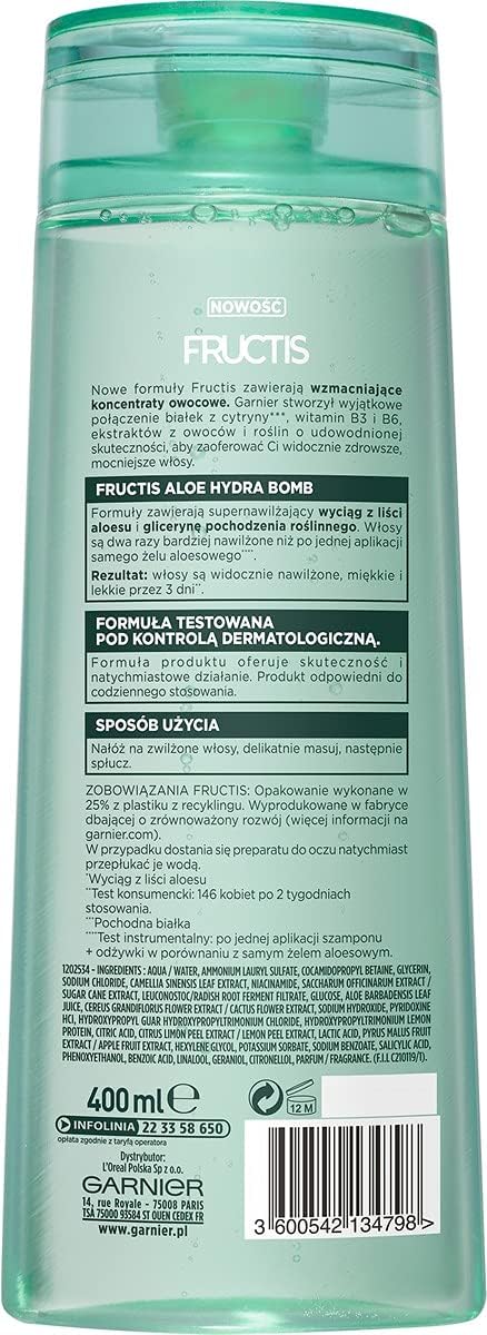 Garnier Fructis Aloe Hydra Bomb шампунь для обезвоженных волос увлажняет улучшает состояние и укрепляет структуру волос 400 мл