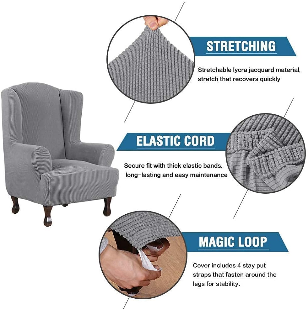 H.VERSAILTEX 1 Piece Wing Chair Covers Bundles Round Ottoman Slipcover(Medium, Dove)