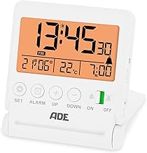 ADE Digital Travel Alarm Clock, Clock with Temperature Display, Small Alarm Clock with Light, Integrated Folding Mirror in Lid, Easy to Use, White