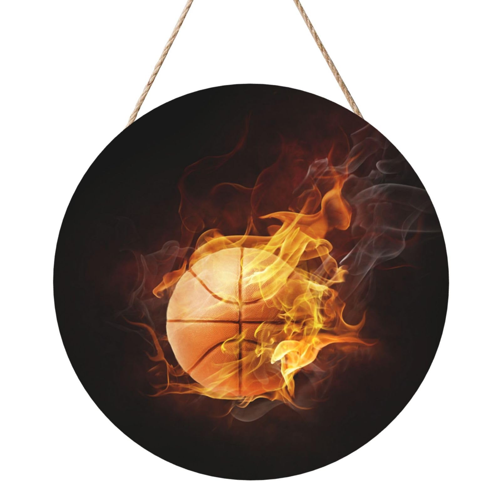 InOmak Basketball Fire, Round Wood Panel Painting 12 in, Wall Hanging Painting For Home