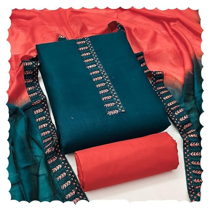Womens Bombay Cotton Embroidery Tie Cotton Unstitch dress Material With Chanderi lace bordered Dupatta-image-19