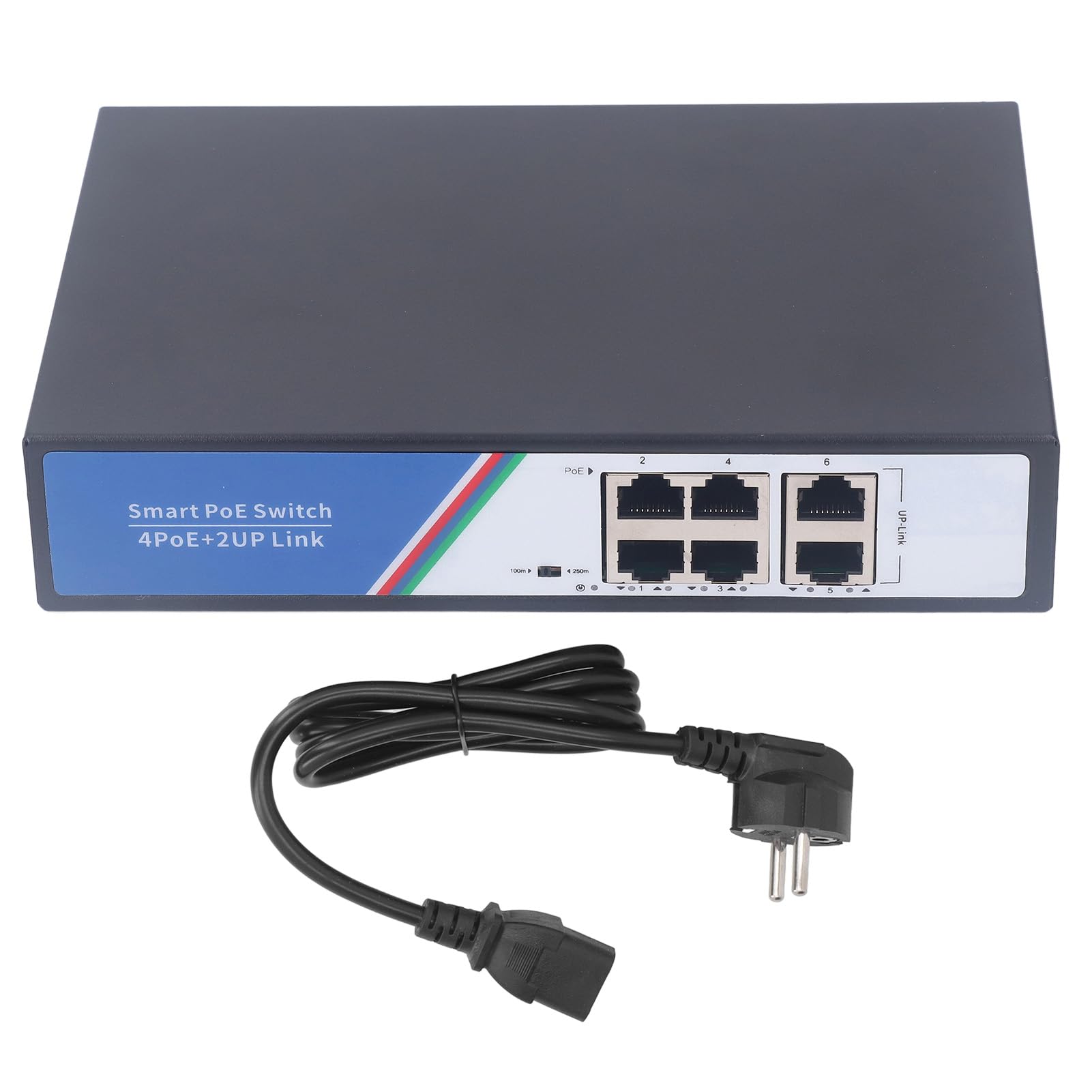 6-portowy przełącznik Ethernet z przepustowością przełączania 12 Gb/s, przedłużeniem transmisji do 250 metrów, ochroną odgromową 4KV, dwoma portami 10 100 1000M RJ45 Uplink,