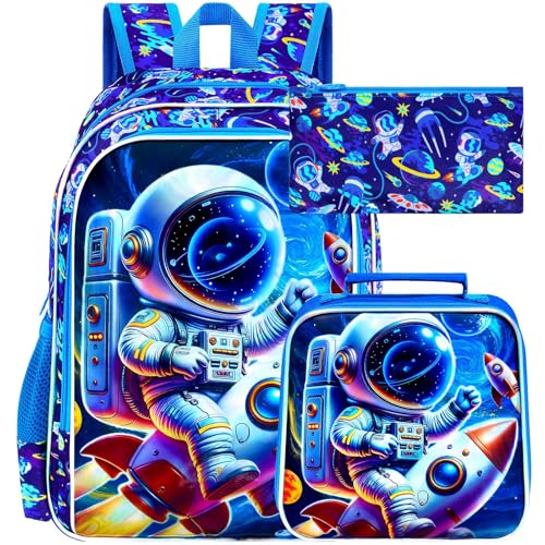 Image of HPJGD 3PCS Space Backpack for Boys, Water Resistant Kids Bookbag Set with Lunch Box, Cool School Bag for Preschool Toddler - Astronaut Riding Rocket