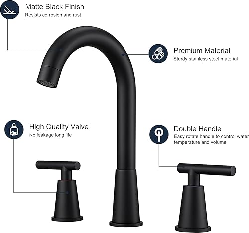 Miniatura 4 de Grifo de baño negro mate de 8 pulgadas, grifo de baño de 3 agujeros, dos asas, grifo de lavabo de lavabo para lavabo de baño con líneas de