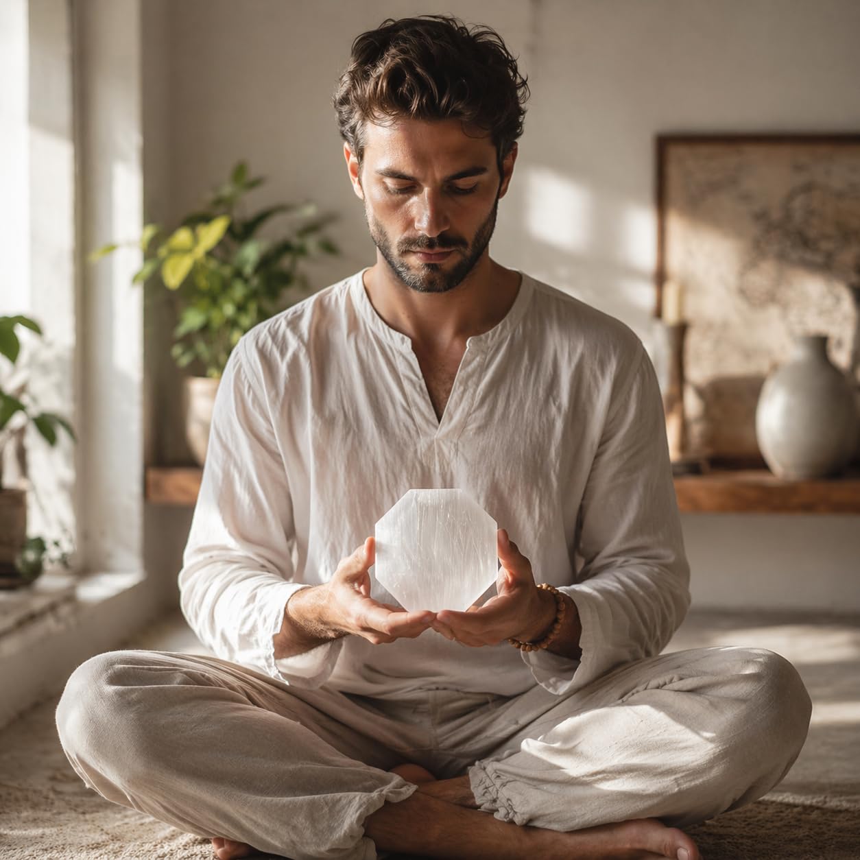 NKlaus Piastra di ricarica Selenite Hexagon 7-8 cm - Pietra di energia per ricarica di pietre preziose, Reiki e pulizia spirituale, ideale per meditazione, lavoro chakra e feng shui