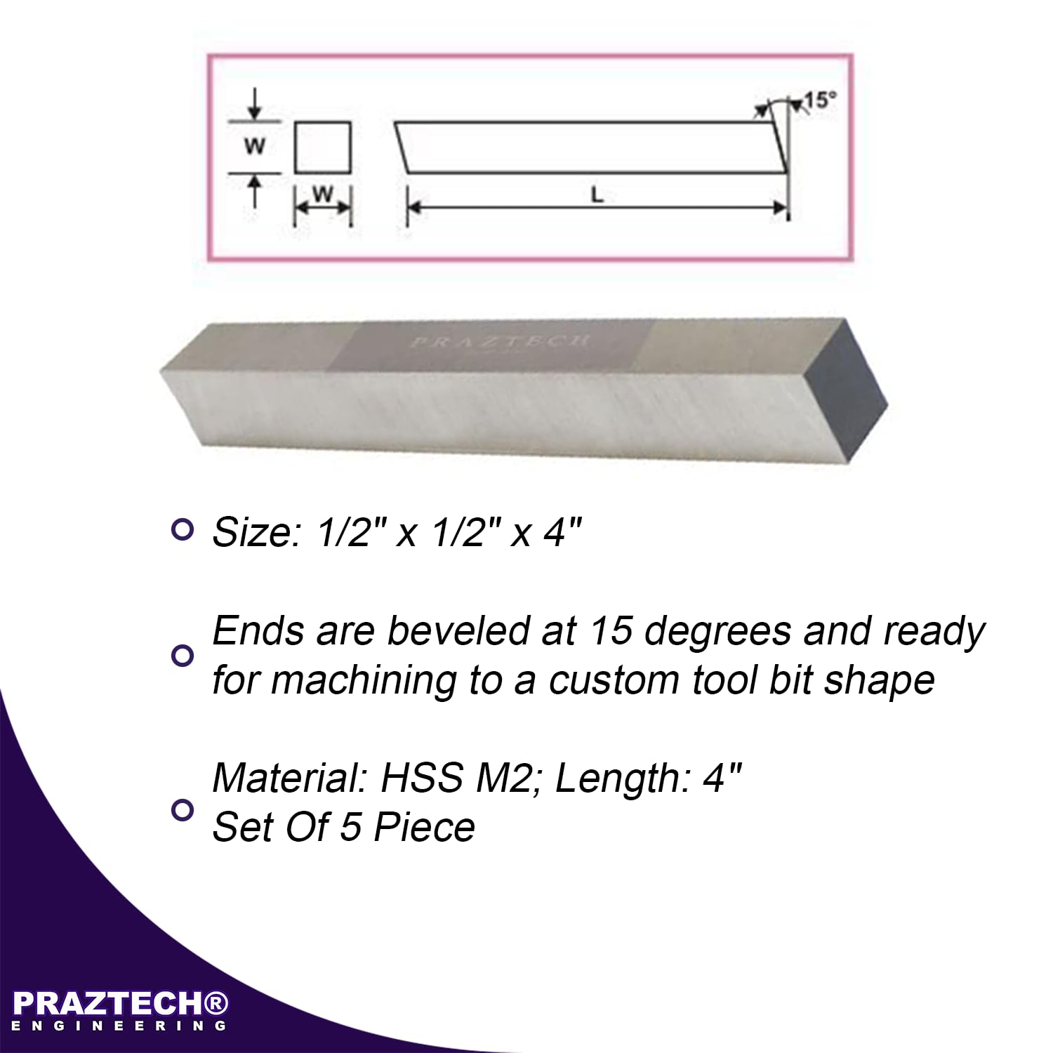 PRAZTECH HSS 1/2" x 1/2" x 4" Square Lathe Turning Tool Bit Blanks - High Speed Steel Rectangular Fly Cutter Mill Blank - Image 4