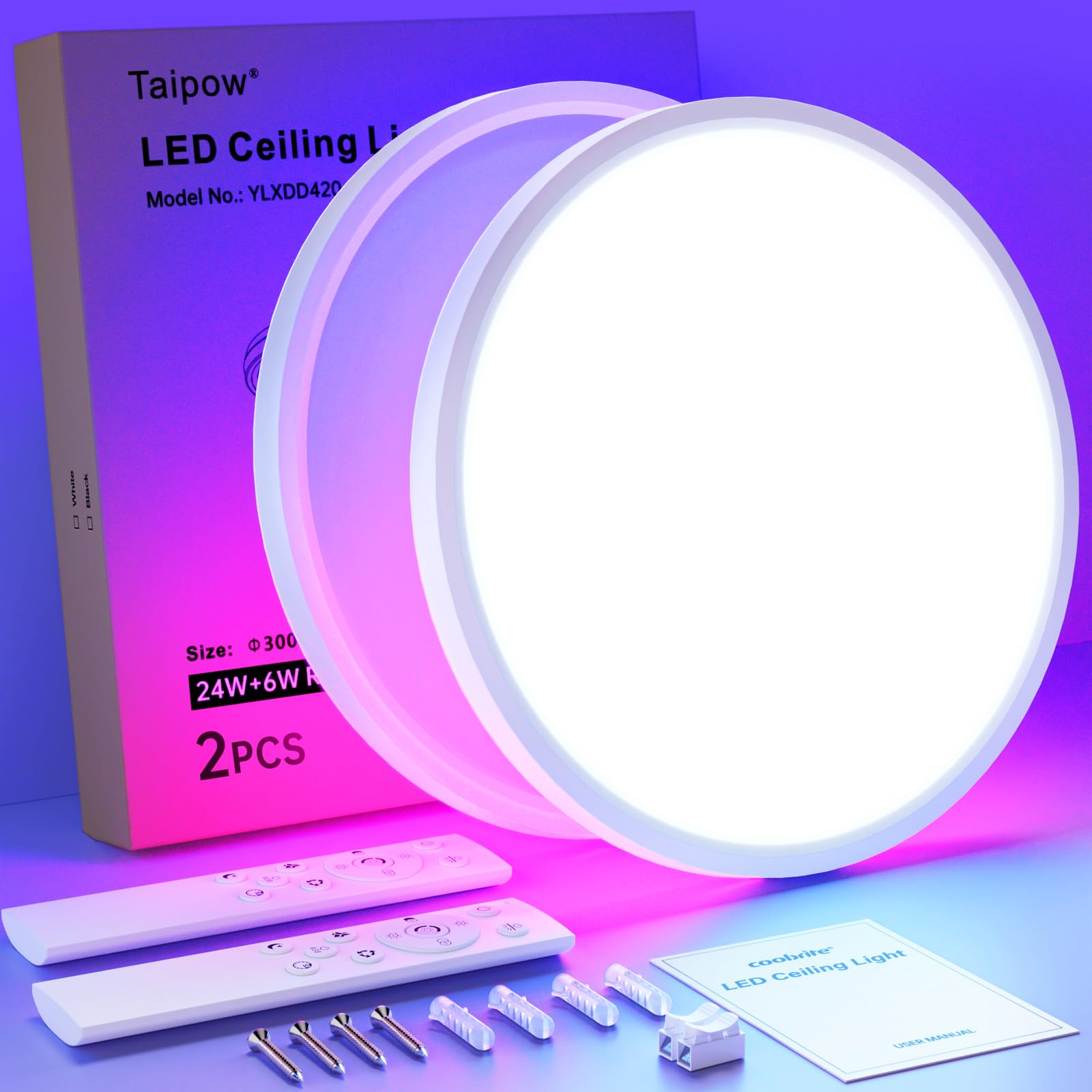 Led Deckenleuchte RGB 2 Pcs Farbwechsel, Deckenlampe Dimmbar mit Fernbedienung 24W Rund 3000K-6500K für Küche Jugendzimmer Schlafzimmer Badezimmer Wohnzimmer Kinderzimmer - Ø30cm