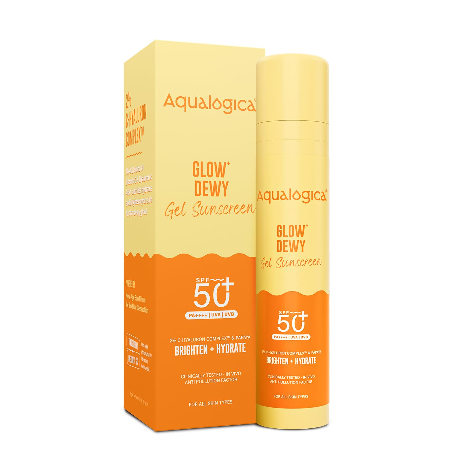 Aqualogica Glow+ Dewy Sunscreen SPF 50+ PA++++ with Papaya & Vitamin C | Broad Spectrum SPF 50+ PA++++ | UVA/B & Blue Light Protection | Anti-Pollution Factor (APF) Technology | Brightens Skin I Fragrance-Free & No White Cast | For Glowing & Sun Protected Skin - 50 g