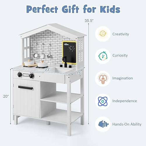 Miniatura 7 de HONEY JOY Juego de cocina para niños, juego de cocina de granja para niños con pizarra, fondo de mármol, ventana, estante de almacenamiento, cocina